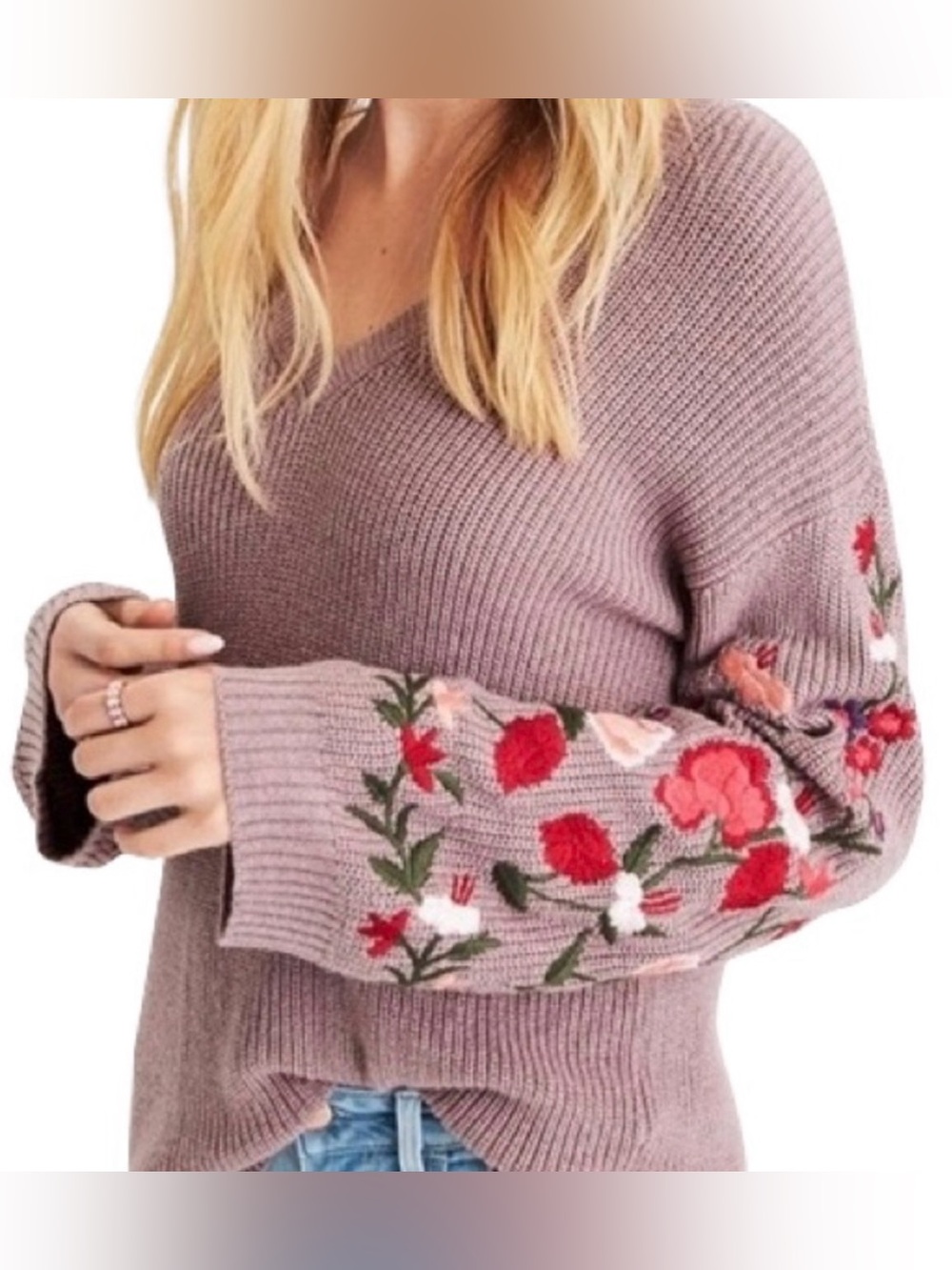 American Eagle Outfitters Mauve Balloon Sleeve Floral Embroidered V-Neck Sweater